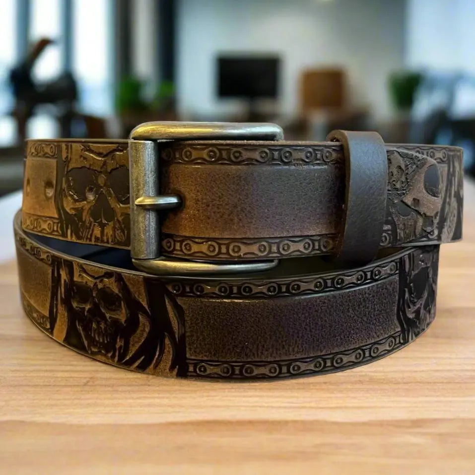 Keldon Grain Leather Men's Skull Shain Design Removable Buckle Belt Men's Belts Boutique of Leathers/Open Road