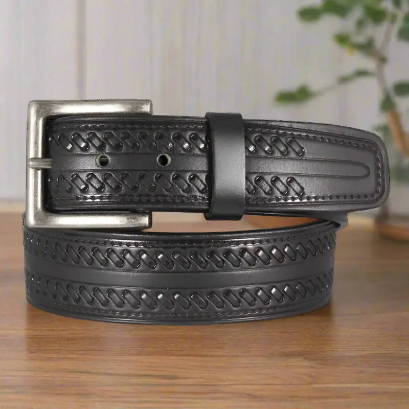 Keldon Leather Men's Whipstitch Tooled Leather Removable Buckle Belt - Boutique of Leathers/Open Road