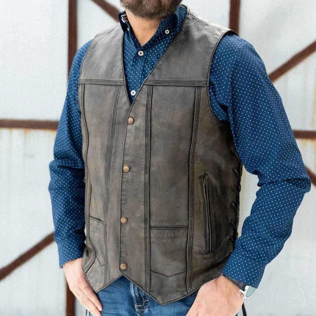 Open Road Men's Distressed Brown 10-Pocket Vest Men's Vests Boutique of Leathers/Open Road