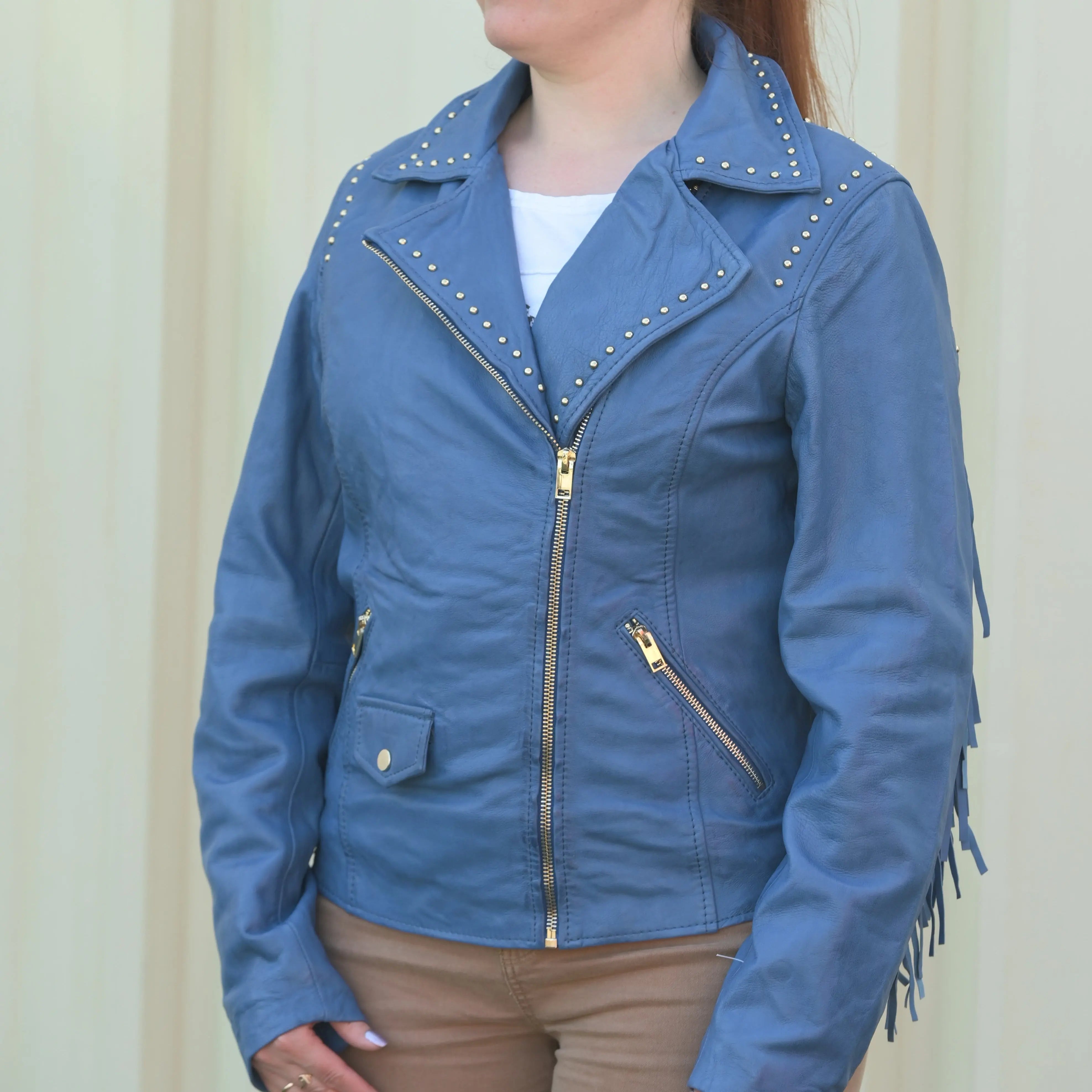 Women's Studded Leather Jacket with Removable Fringe - Boutique of Leathers/Open Road