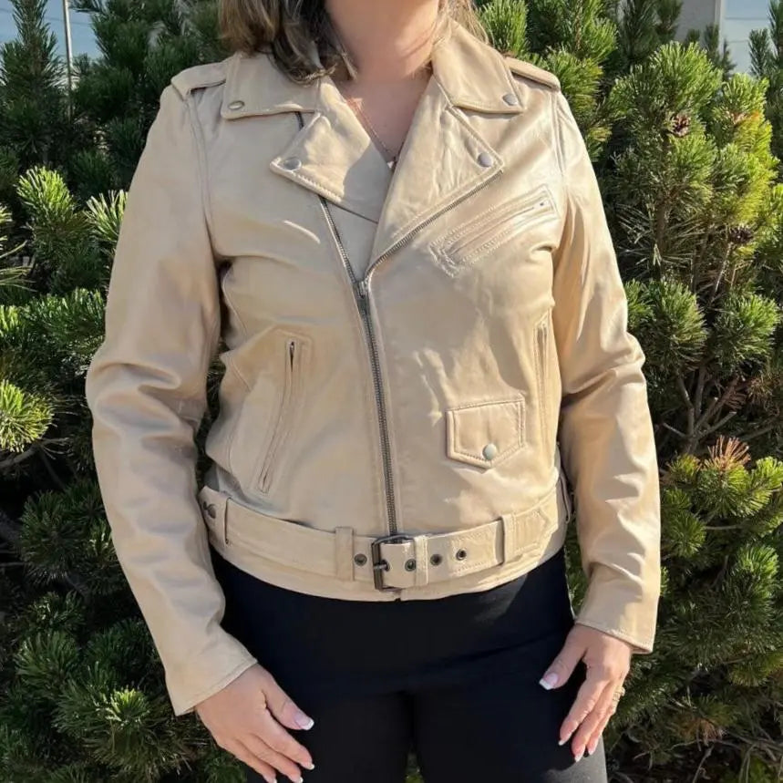 Women's Lamb Leather Biker Style Jacket with Belt - Boutique of Leathers/Open Road