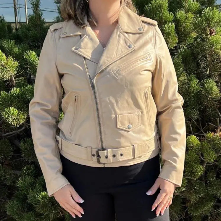 Women's Lamb Leather Biker Style Jacket with Belt - Boutique of Leathers/Open Road
