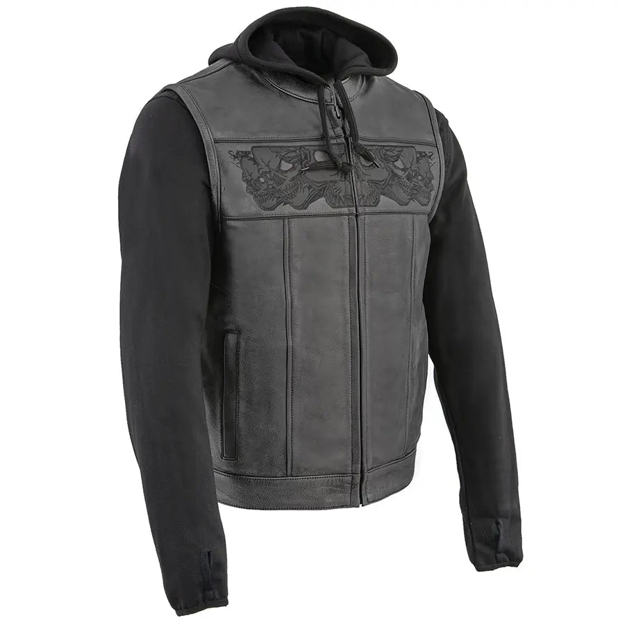 Milwaukee Leather Men's Black Leather Vest with Reflective Skulls & Full Hoodie Liner Men's Vests Boutique of Leathers/Open Road