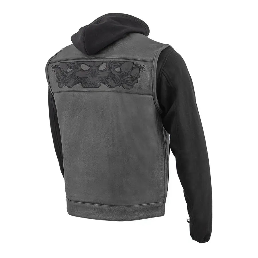 Milwaukee Leather Men's Black Leather Vest with Reflective Skulls & Full Hoodie Liner Men's Vests Boutique of Leathers/Open Road