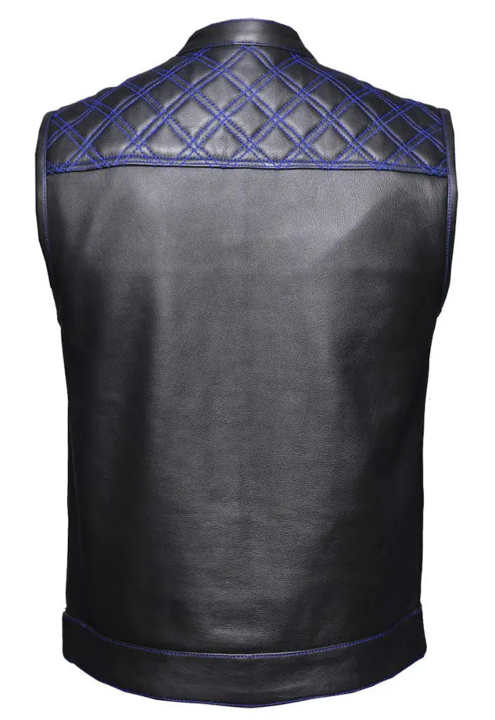 Open Road Men's Upside Leather with Blue Stitched Diamonds Vest - Boutique of Leathers/Open Road