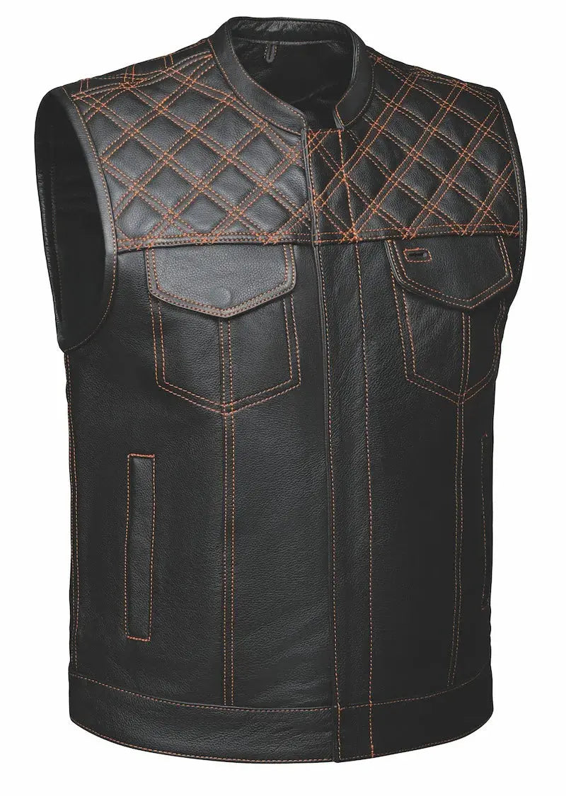 Open Road Men's Upside Leather with Orange Stitched Diamonds Vest - Boutique of Leathers/Open Road