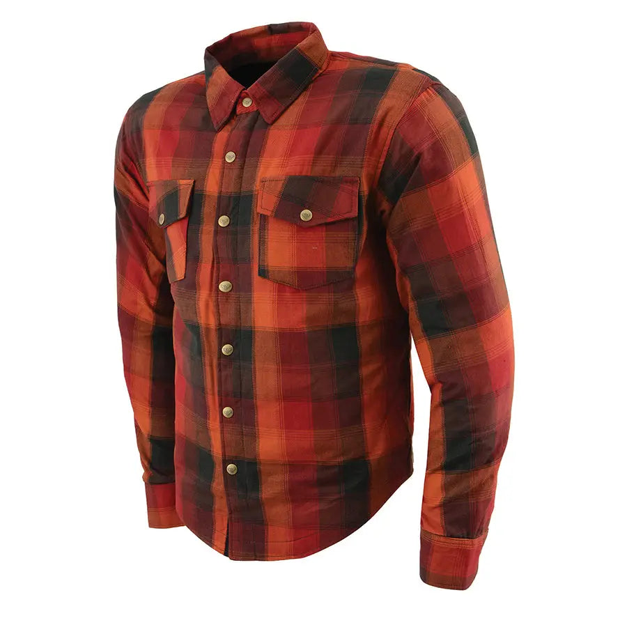 Milwaukee Leather Men's Red & Orange Armored Flannel Biker Shirt w/ Reinforced Fibers Men's Armoured Shirts Boutique of Leathers/Open Road