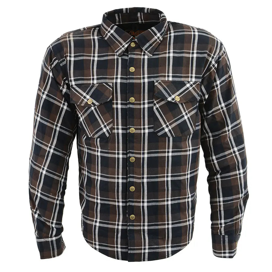 Milwaukee Leather Men's Brown Checkered Armored Flannel Biker Shirt w/ Reinforced Fibers Men's Armoured Shirts Boutique of Leathers/Open Road