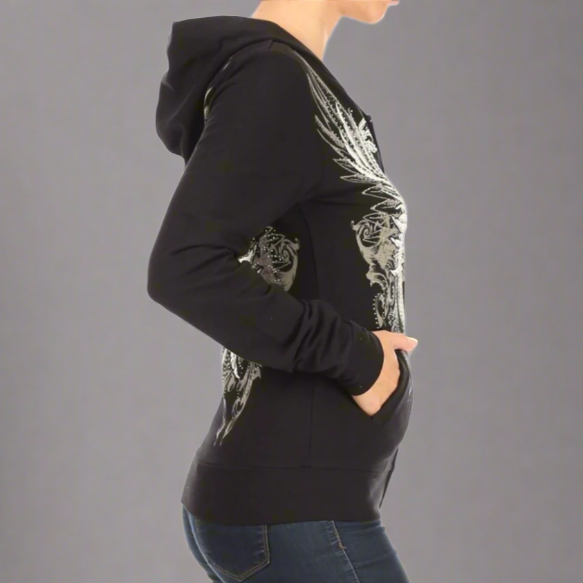 Women's Rhinestone Skull Wing Hoodie - Boutique of Leathers/Open Road