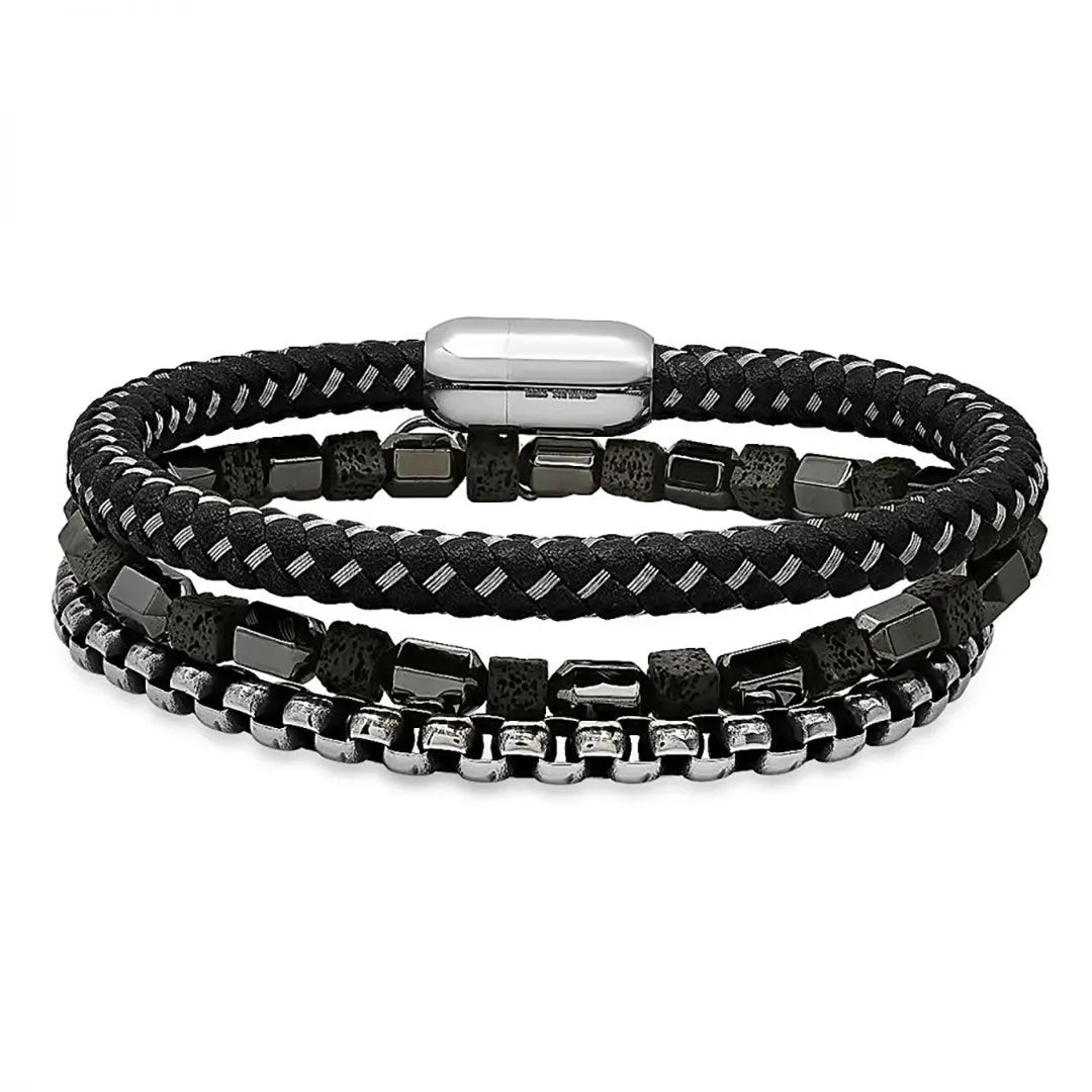 SteelTime Men's Black Leather and Stainless Steel Bracelets with Haematite and Lava Stone Men's Jewelry Boutique of Leathers/Open Road