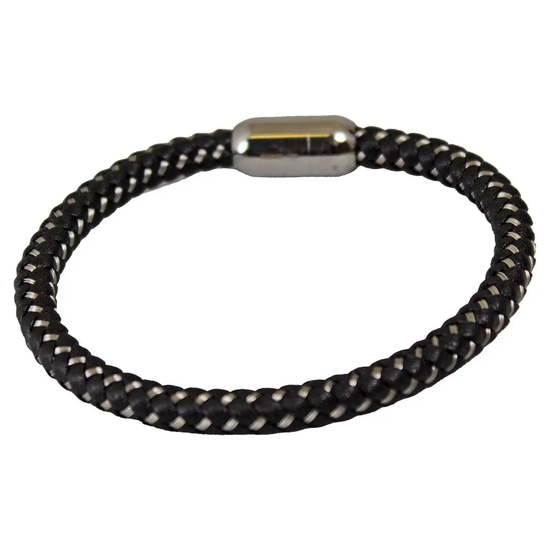 SteelTime Men's Black Leather and Stainless Steel Bracelets with Haematite and Lava Stone Men's Jewelry Boutique of Leathers/Open Road