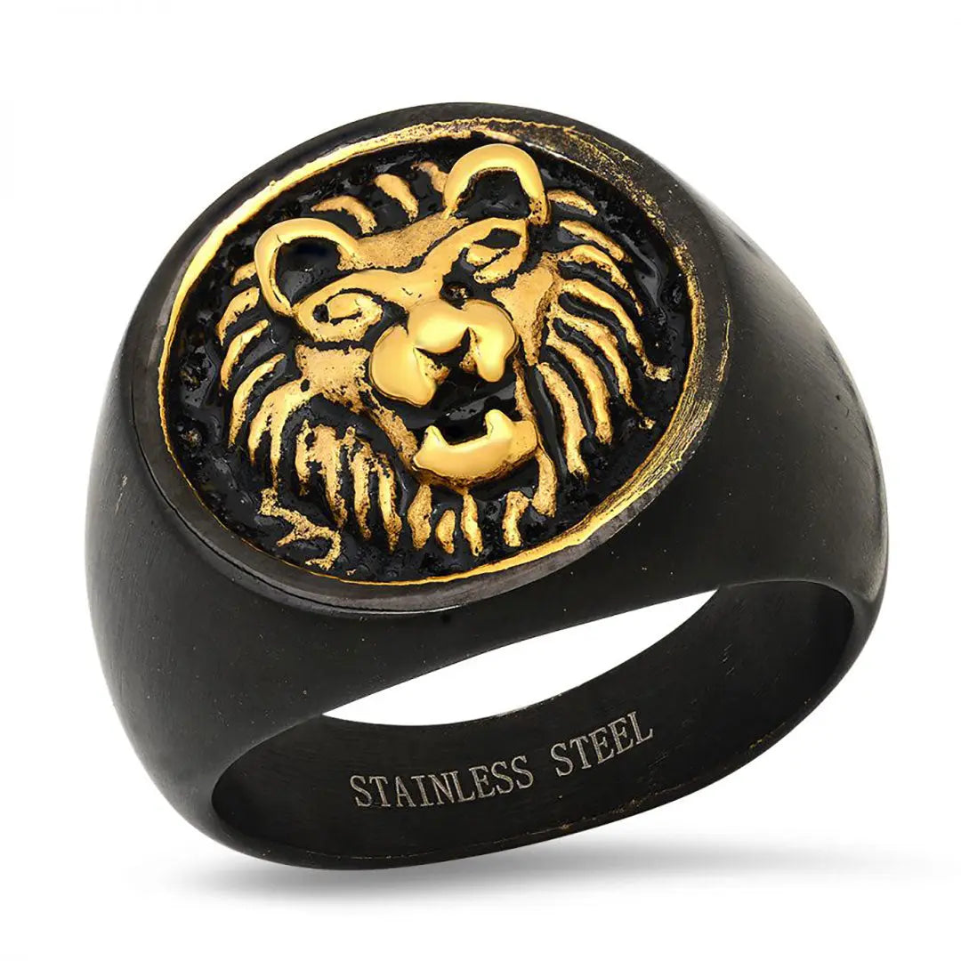 SteelTime Men's Black Stainless Steel Signet Ring with Gold Lion Men's Jewelry Boutique of Leathers/Open Road