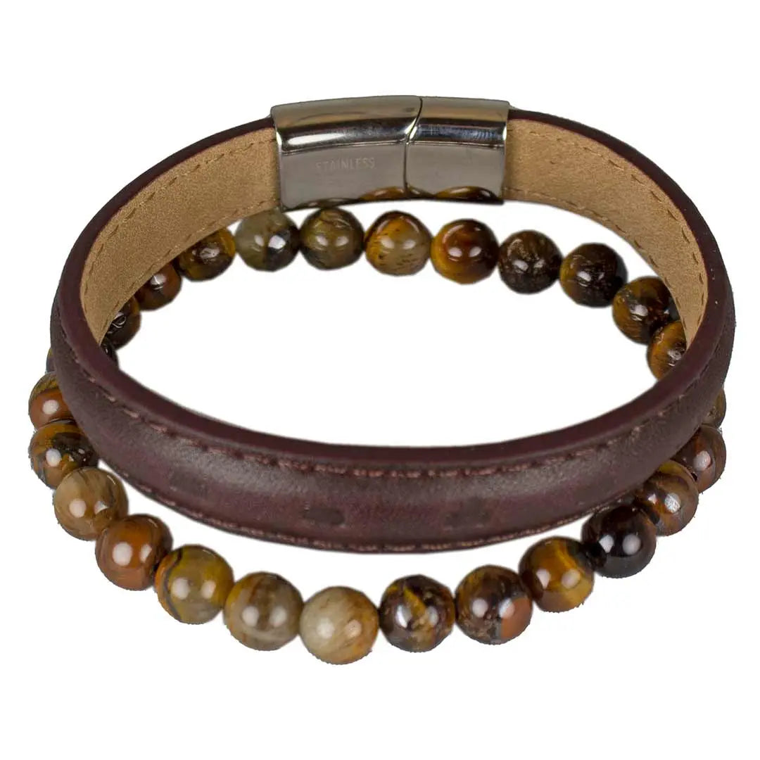 Steeltime Tiger's Eye Leather Layered Bracelet - Boutique of Leathers/Open Road