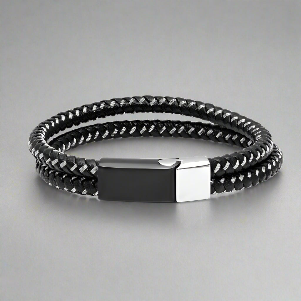 Men's Black Leather & Stainless Steel Wire Braided Bracelet - Boutique of Leathers/Open Road