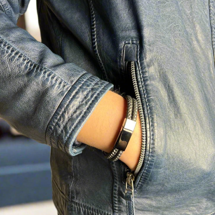 Men's Black Leather & Stainless Steel Wire Braided Bracelet - Boutique of Leathers/Open Road