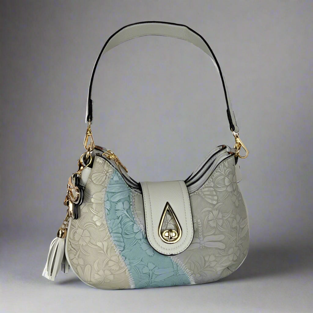 Temptation Italy Small Shoulder Bag with Dragonfly, Butterfly, and Floral Design - Boutique of Leathers/Open Road