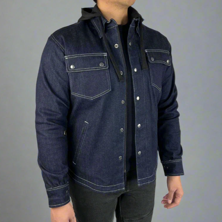 Men’s Armored Denim Shirt with Removable Hoodie - Boutique of Leathers/Open Road