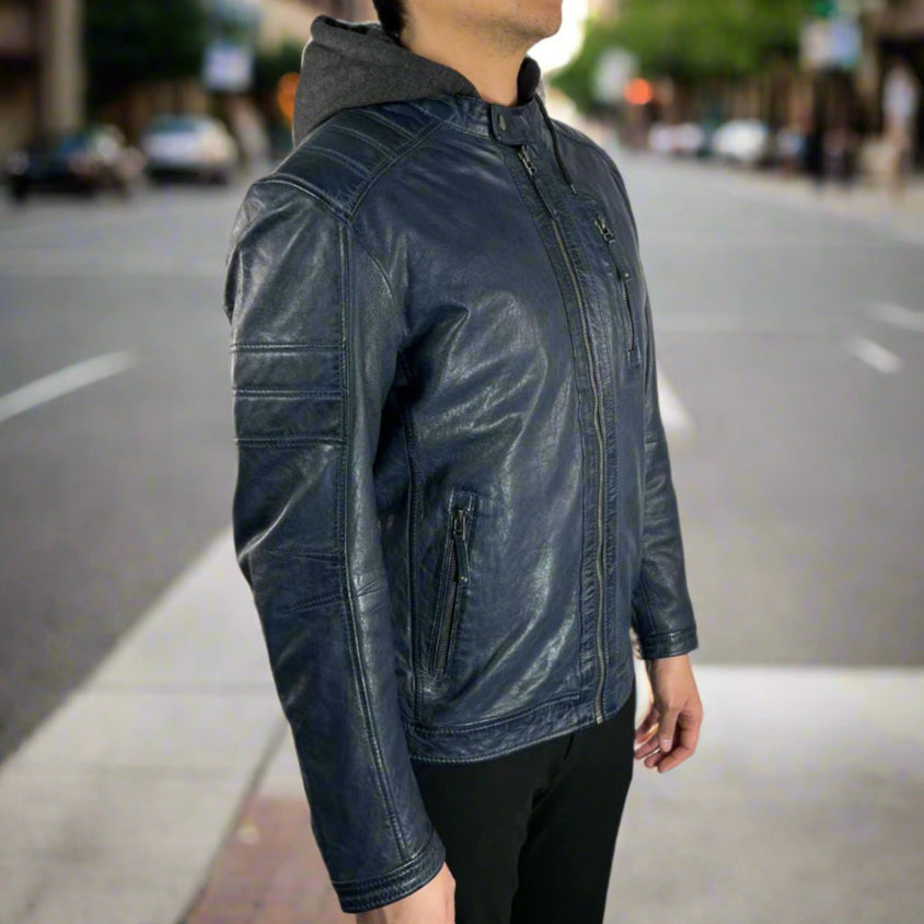 Men's Sheep Leather Jacket with Removable Hoodie - Boutique of Leathers/Open Road