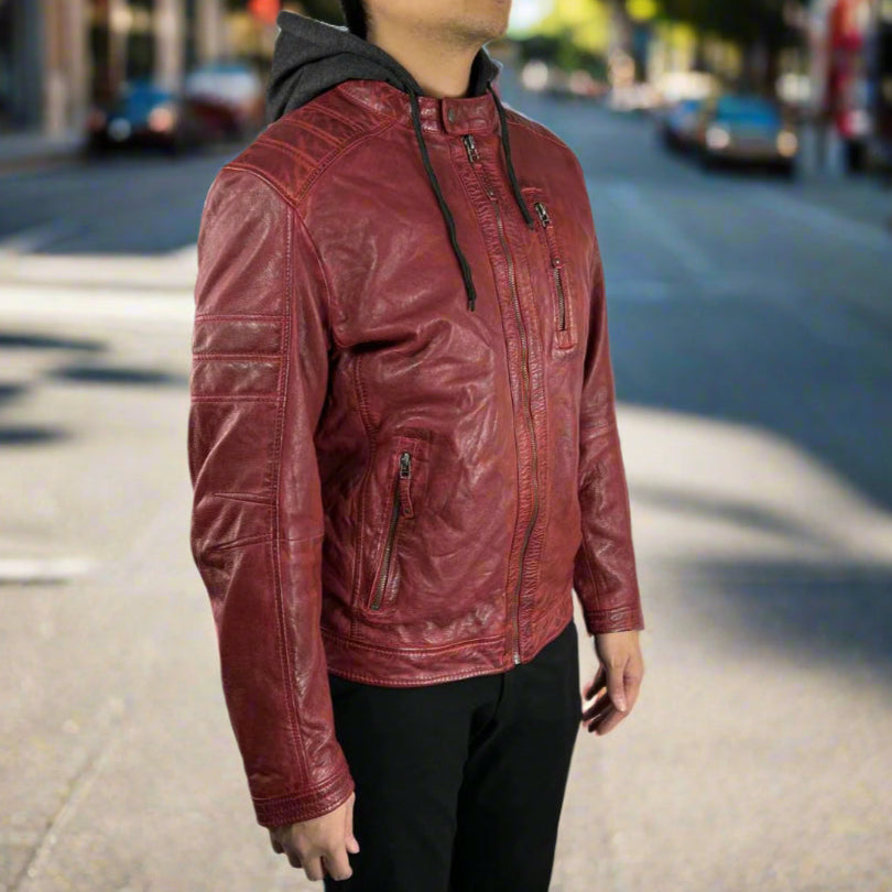 Men's Sheep Leather Jacket with Removable Hoodie - Boutique of Leathers/Open Road