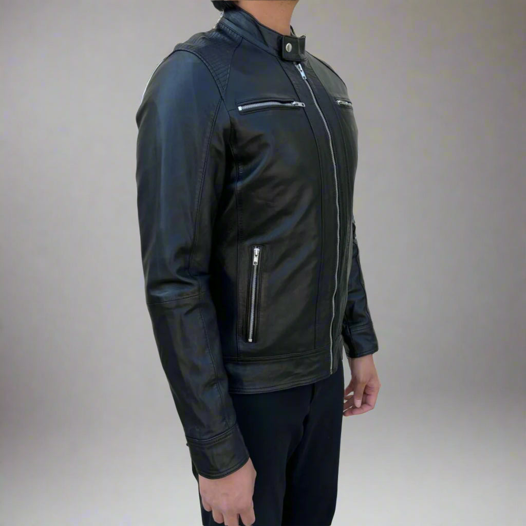 Men’s Sheep Leather Jacket. 4-Pocket, Stand Snap Collar & Silver Zippers - Boutique of Leathers/Open Road