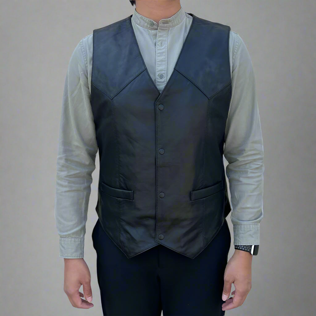 Men's Sheep Leather Vest. Snap Closure & Front Pockets - Boutique of Leathers/Open Road