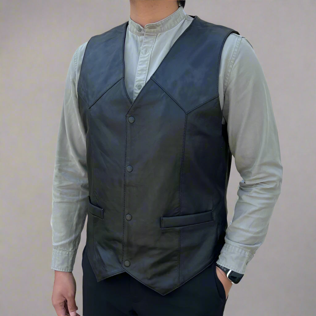 Men's Sheep Leather Vest. Snap Closure & Front Pockets - Boutique of Leathers/Open Road