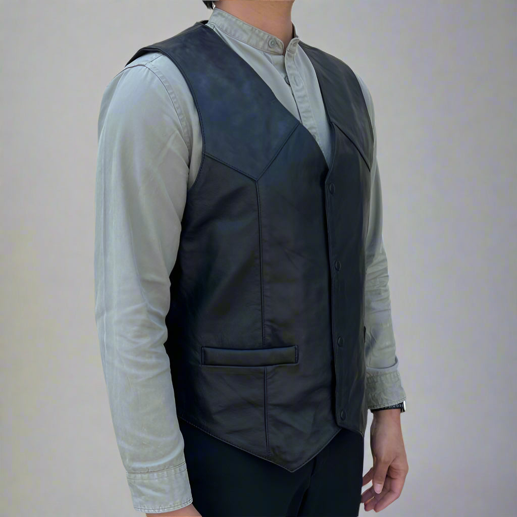 Men's Sheep Leather Vest. Snap Closure & Front Pockets - Boutique of Leathers/Open Road
