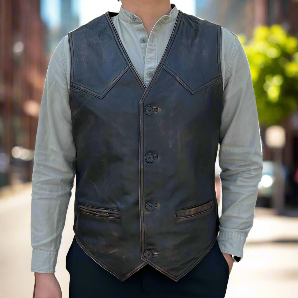 Men's Sheep Leather Ruboff Vest. Classic Button Closure & Front Pockets - Boutique of Leathers/Open Road