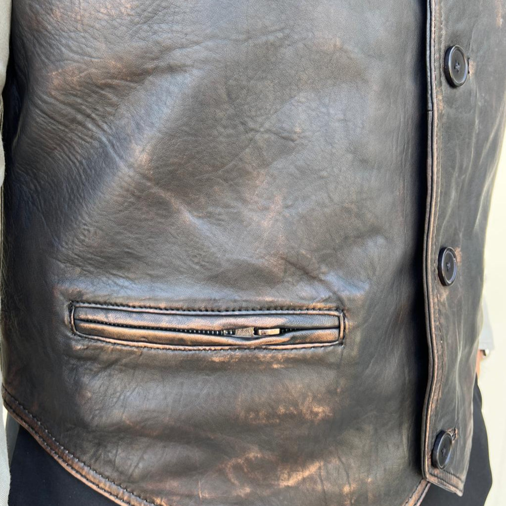 Men's Sheep Leather Ruboff Vest. Classic Button Closure & Front Pockets - Boutique of Leathers/Open Road