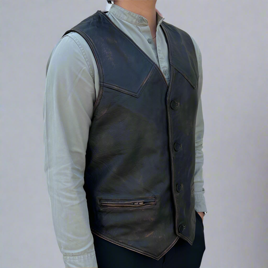 Men's Sheep Leather Ruboff Vest. Classic Button Closure & Front Pockets - Boutique of Leathers/Open Road
