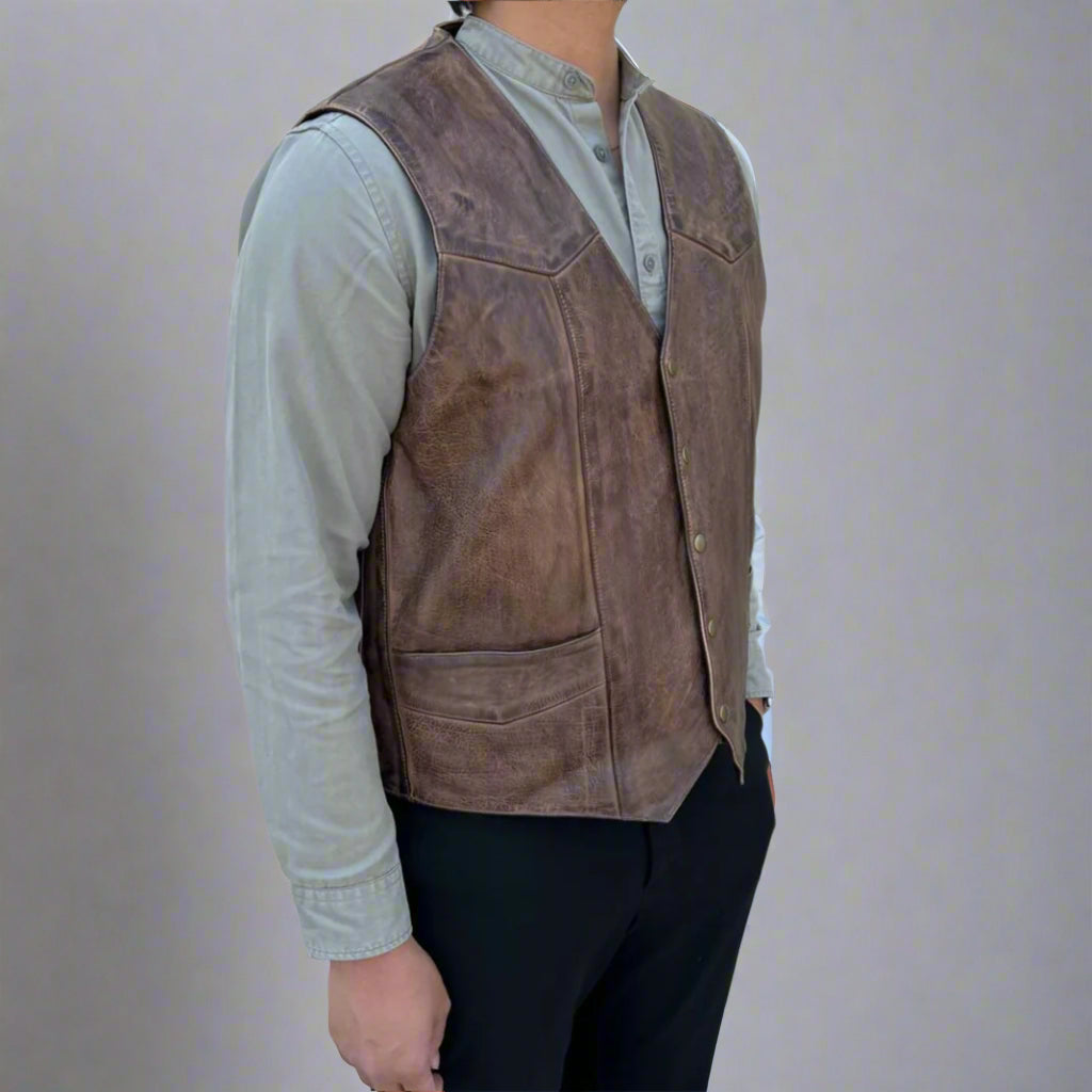 Men's Cow Leather Vest. Classic Style with Snap Closure & Front Pockets - Boutique of Leathers/Open Road