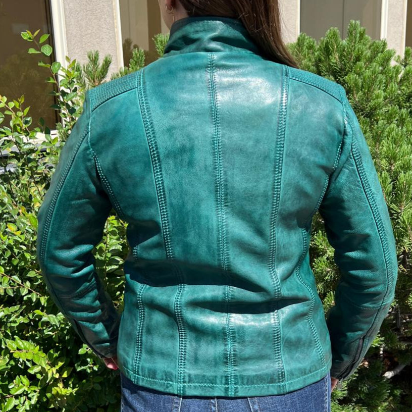Women's Classic Lamb Leather Jacket. Round Collar with Studs, 4 Zippered Pockets & Shoulder Accent Stitching - Boutique of Leathers/Open Road
