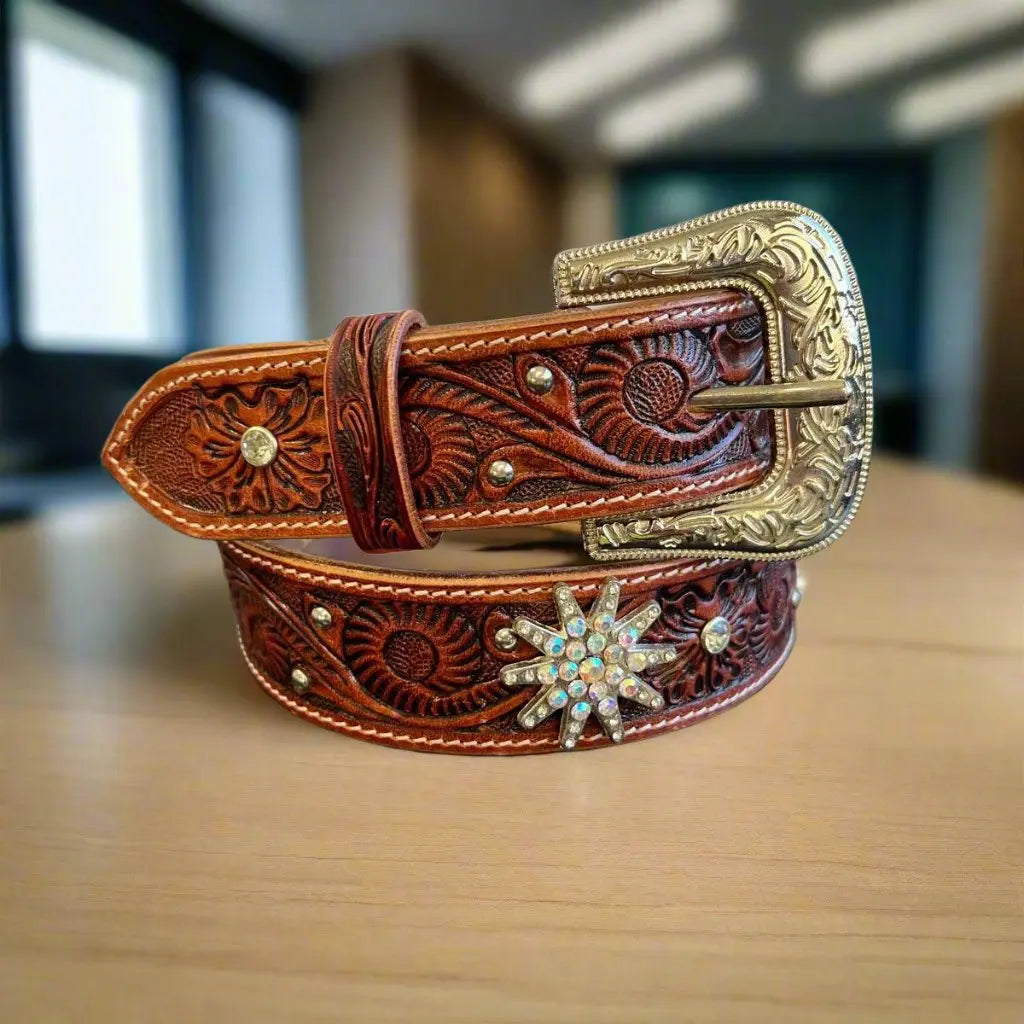 Women's Embossed Western Leather Belt with Bling Stars Women's Belts Boutique of Leathers/Open Road