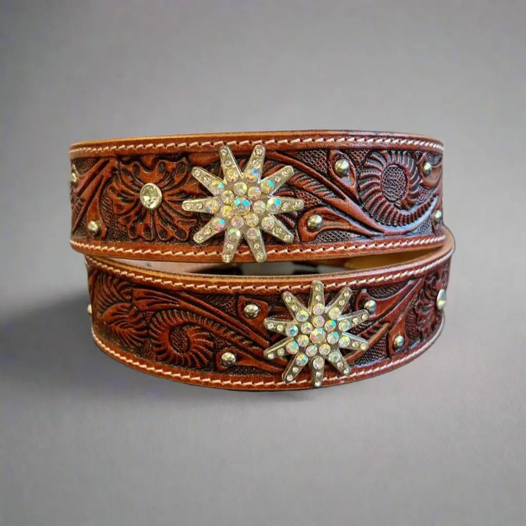 Women's Embossed Western Leather Belt with Bling Stars Women's Belts Boutique of Leathers/Open Road