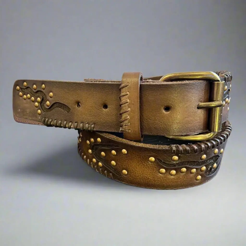 Women's Full Grain Leather Belt with Geometric Embossing & Studs - Boutique of Leathers/Open Road
