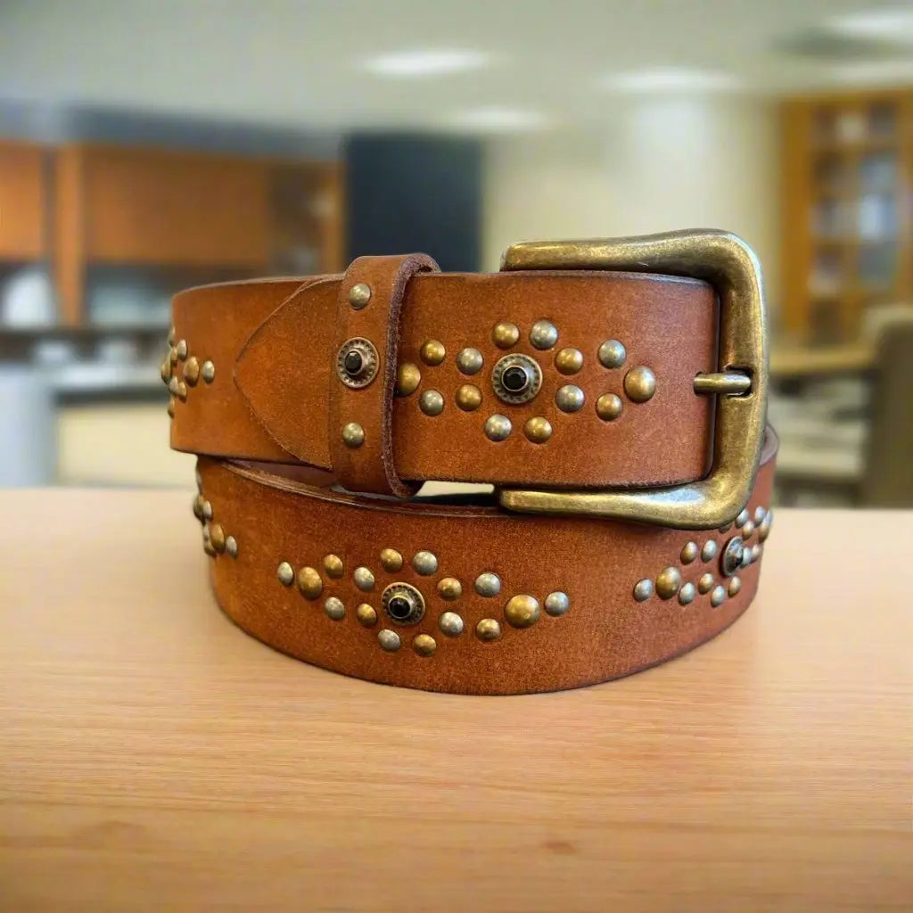 Women's Full Grain Leather Belt with Ornamental Stud Pattern Women's Belts Boutique of Leathers/Open Road
