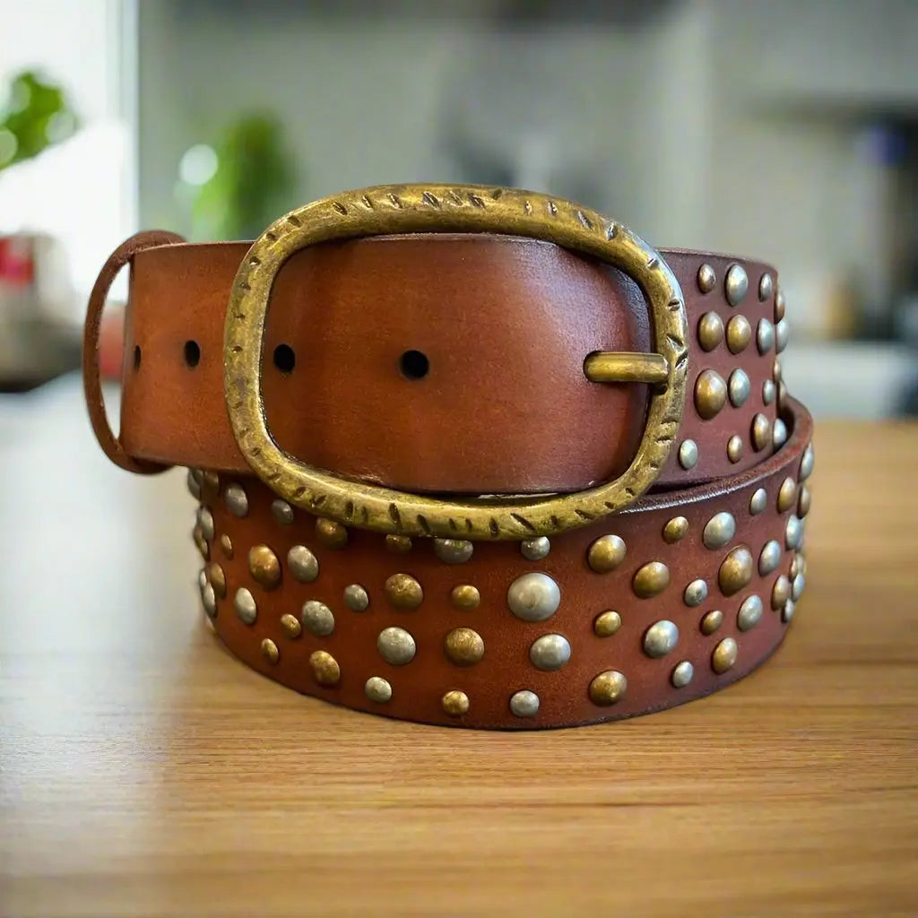 Women's Full Grain Leather Belt with Oval Buckle and Studs Women's Belts Boutique of Leathers/Open Road